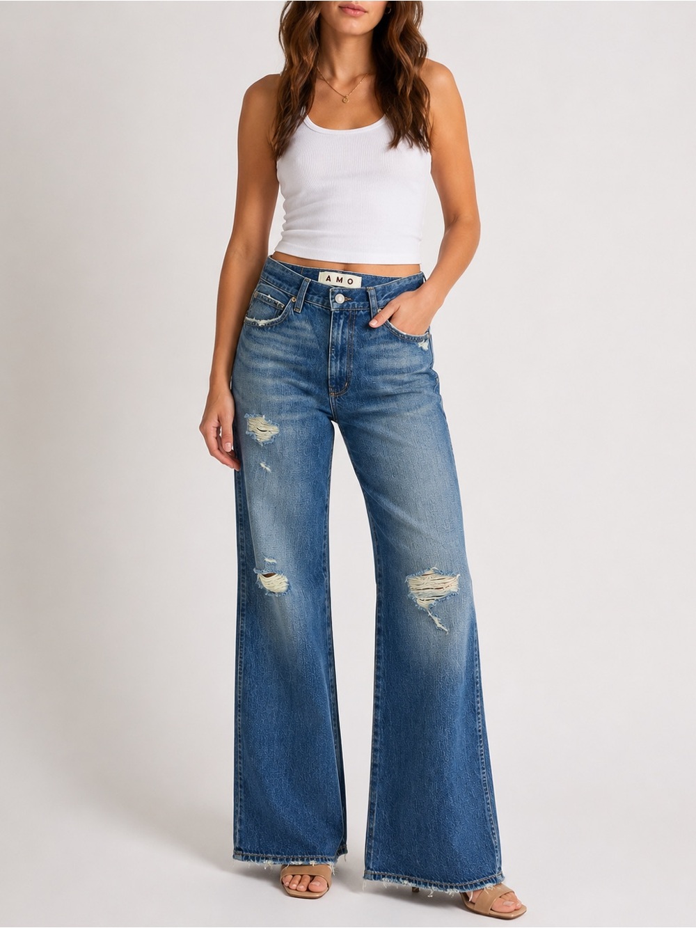AMO Frida Flare Jeans Women’s Size 27 Distressed High Rise Wide Leg Blue Denim